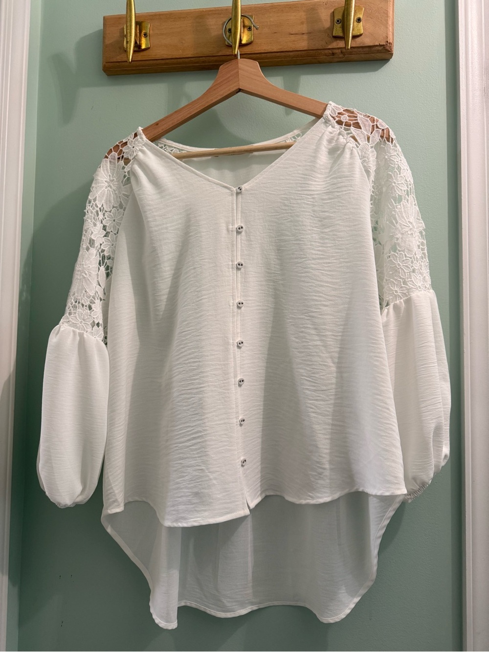 Beacon White Lace-Shoulder Button Blouse